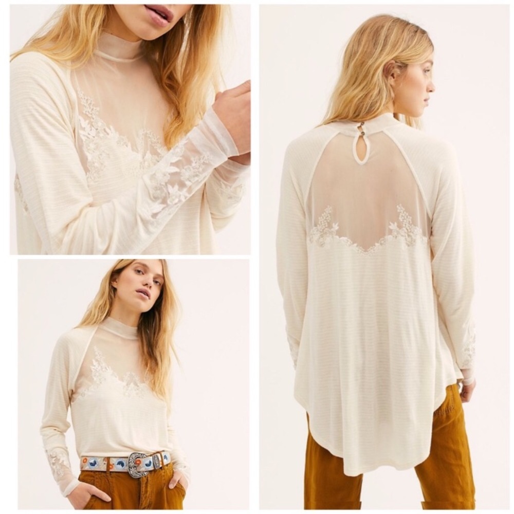 Beautiful Free People Saheli Ecru Lace & Mesh Top